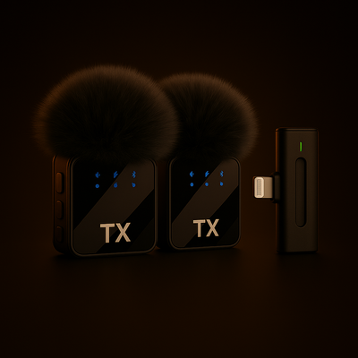 Black fitmic dual microphone and digital display on a dark background with lightning connector