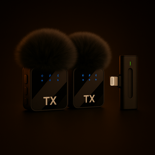 Black fitmic dual microphone and digital display on a dark background with lightning connector