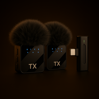 Black fitmic dual microphone and digital display on a dark background with type c connector