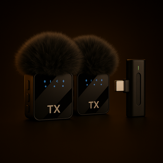 Black fitmic dual microphone and digital display on a dark background with type c connector