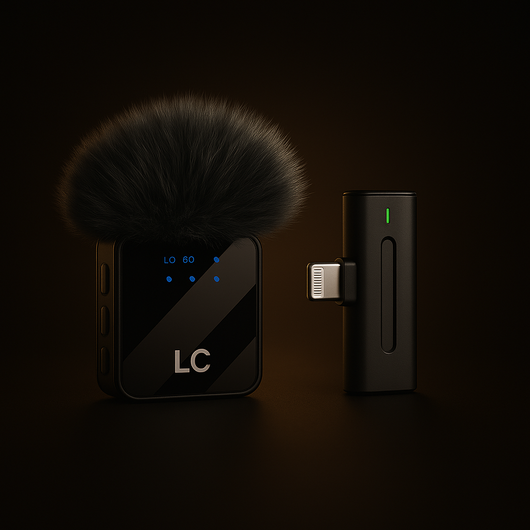 Black fitmic microphone and digital display on a dark background