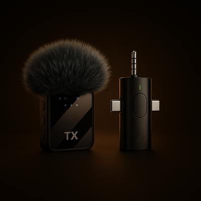 Black fitmic microphone on a dark background with type c connector, lightning connector and 3.5mm connector 