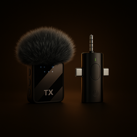 Black fitmic microphone on a dark background with type c connector, lightning connector and 3.5mm connector 