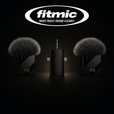 Fitmic wireless microphone system with two transmitter units on a black background