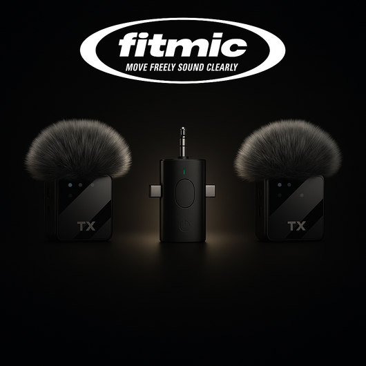Fitmic wireless microphone system with two transmitter units on a black background